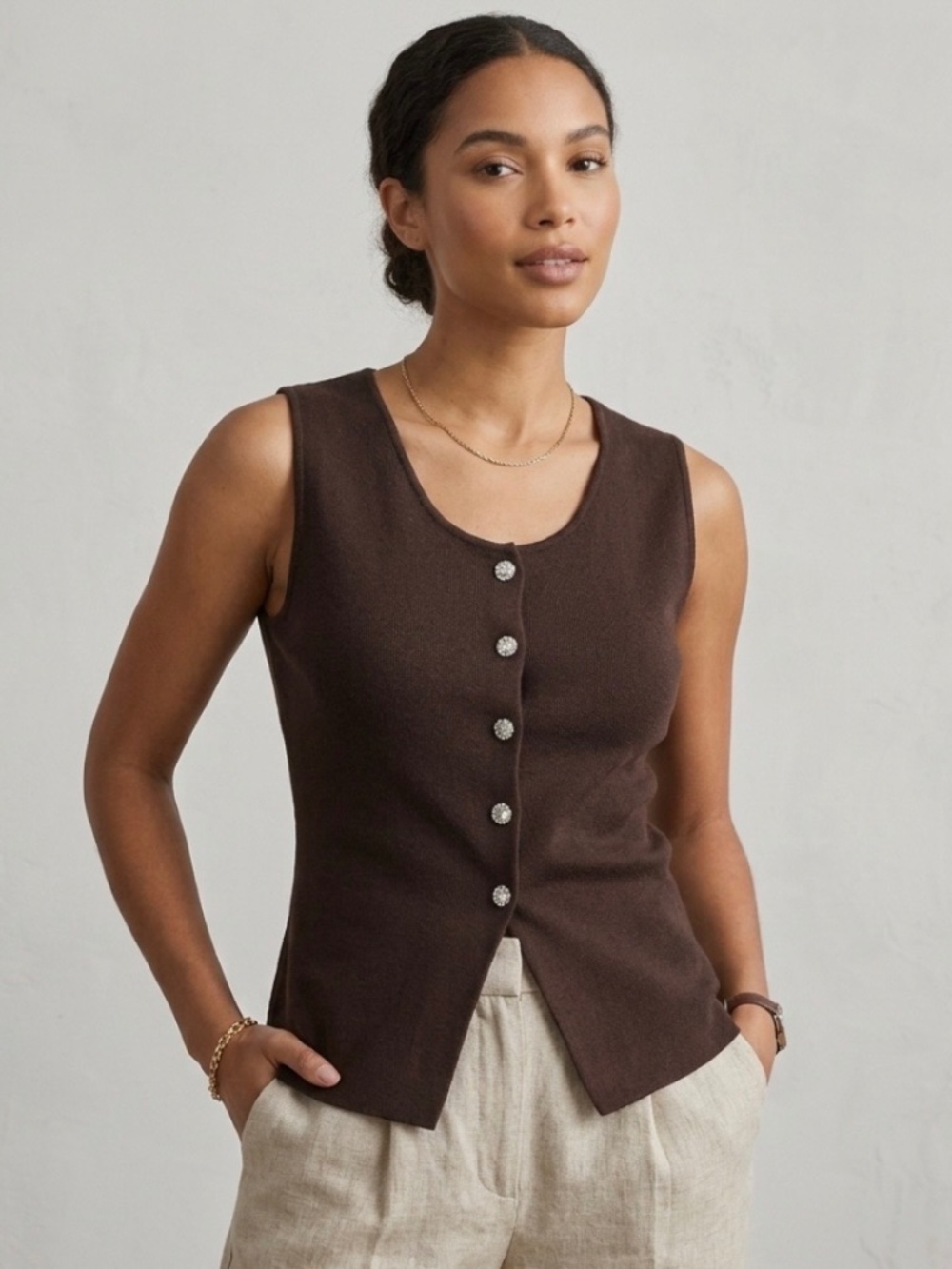 Vigoss Sleeveless Brown Top Button Up M Coastal Grandma Dark Academia Soft Girl